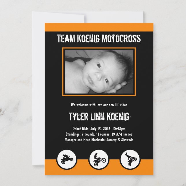 Motocross Dirt Bike Birth Notice (Orange) Meddelande (Framsida)