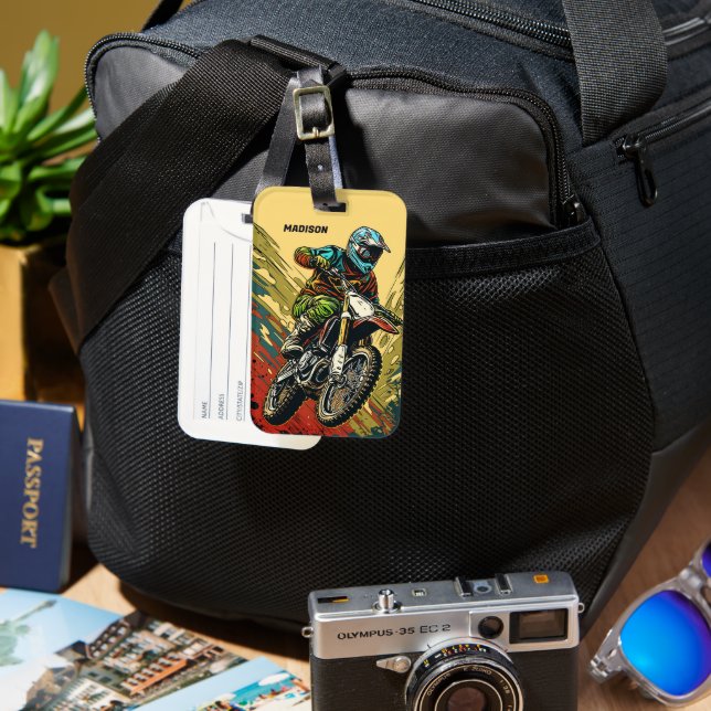 Motocross för anpassat namn bagagebricka (Framsida & Baksida)