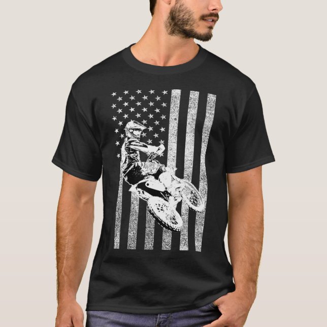 Motocross Jumping Bike Distress American Flagga T Shirt (Framsida)