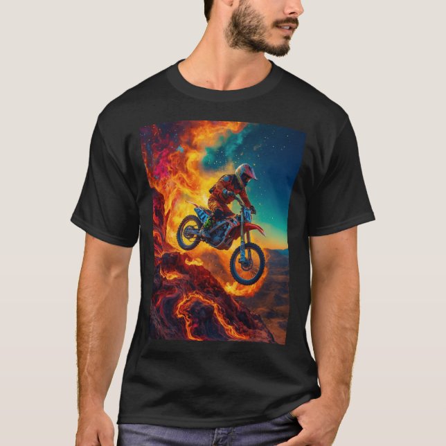 Motocross Rider Escaping Fire T Shirt (Framsida)
