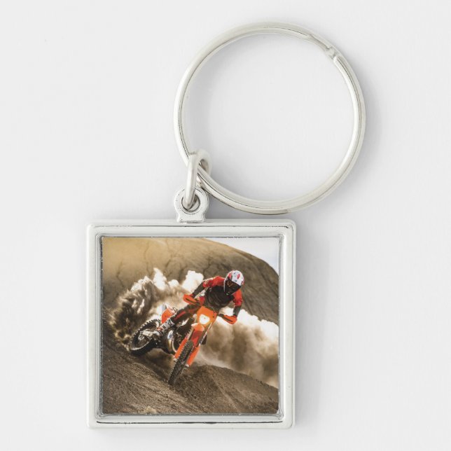 Motocross Rider Fyrkantig Silverfärgad Nyckelring (Framsidan)
