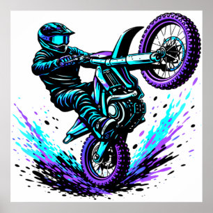 Motocrossförare gör wheelie i livlig rörelse poster