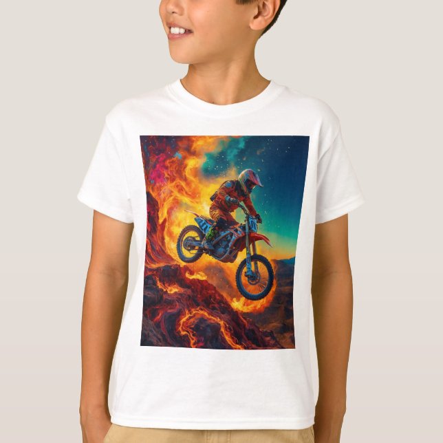 Motocrossförare undkommer eld t shirt (Framsida)