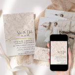Motografi för  Rulla i Guld Spara Datumet<br><div class="desc">" Guld Rulla Damask Engated Photograph Save the Date". Ditt fotografi, namn och bröllop-datum visas på motsatt sida så att dina gäster kan behålla och uppskatta ditt meddelande för alltid. Elegant, nätt och jämnt rosa och beige klassisk löv och blommigt-dammmönster som målats av en internationellt licensierad konstnär och formgivare, Audrey...</div>