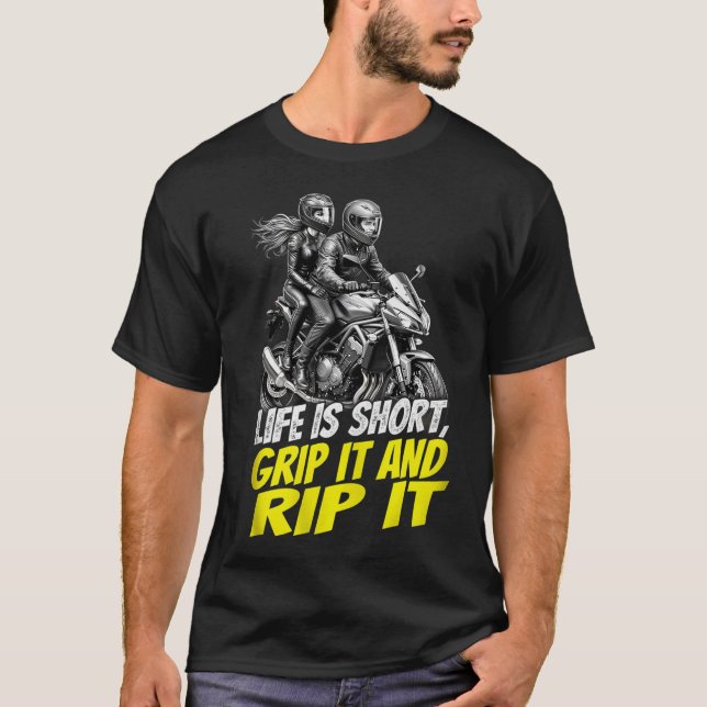 Motorcycle Couple Grip It And Rip It Biker T-Shirt (Framsida)