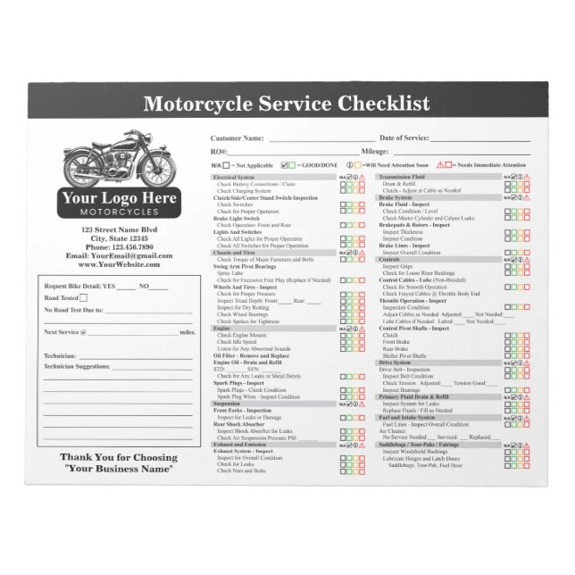Motorcycle Service Checklist 8.5x11 Landscape Anteckningsblock (Framsida)