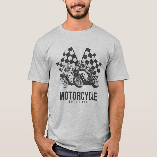 Motorcycle Superbike Racing with Checkered Flags T Shirt (Framsida)