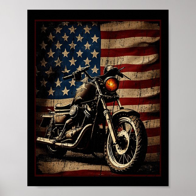 Motorcycle Usa Flag Retro Biker  Poster (Framsidan)