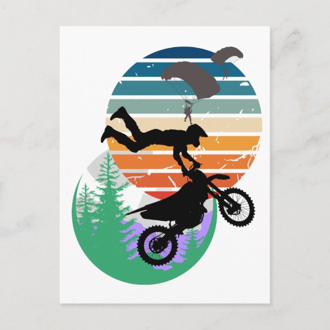 Motorcykel, fallskärm och utomhus helg vykort (Framsida)