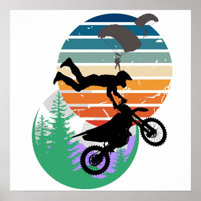 Motorcykel, fallskärm och utomhus poster (Framsidan)