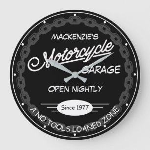 Motorcykel Garage Namn Date chain White Black Grå Stor Klocka