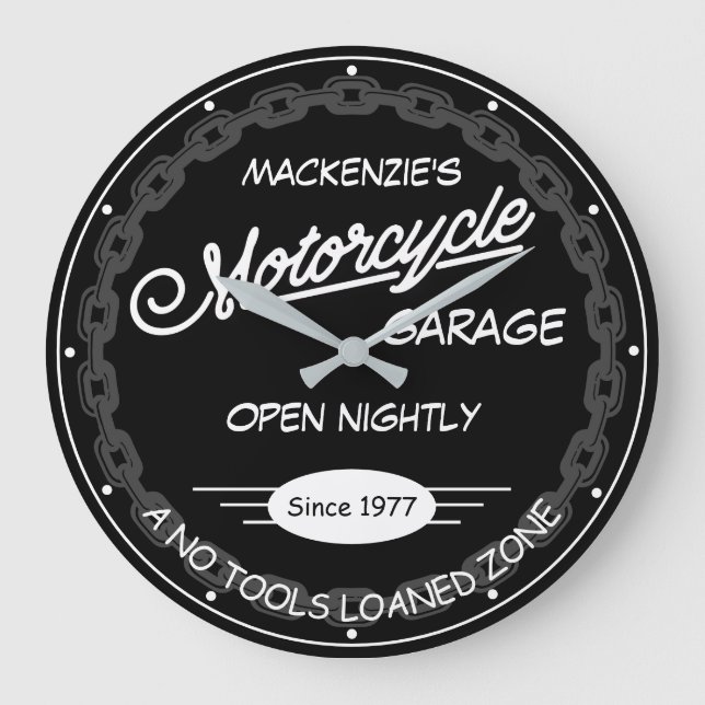 Motorcykel Garage Namn Date chain White Black Gråt Stor Klocka (Framsida)
