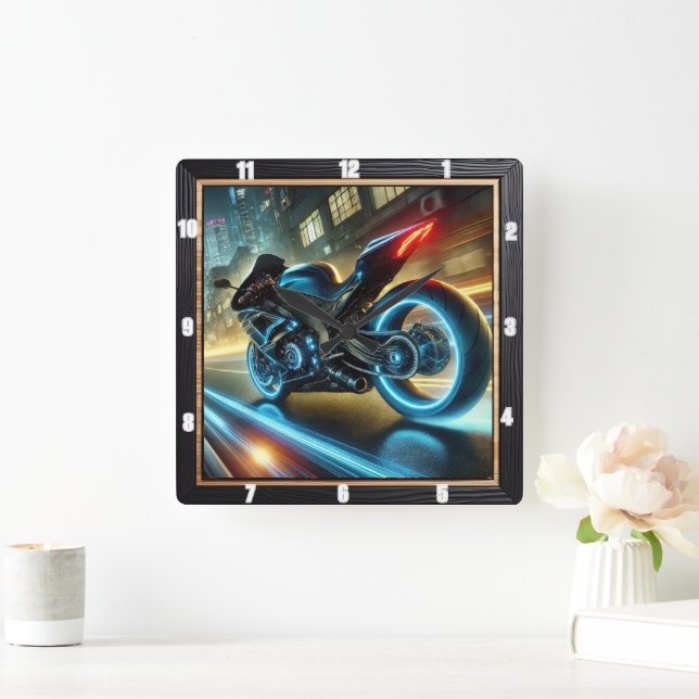 Motorcykel Glowing Neon Ljus Urban Street Fyrkantig Klocka (Hem)
