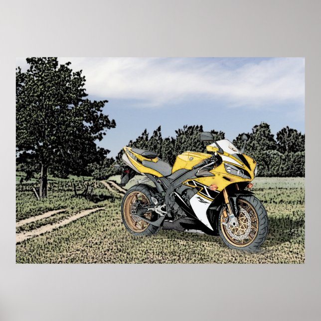 Motorcykel i Mezzotint på land och Gult Poster (Framsidan)
