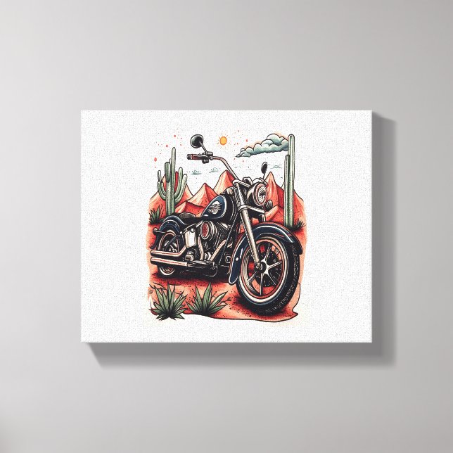 Motorcykel i Western uppsättning av Desert Cactus Canvastryck (Framsida)