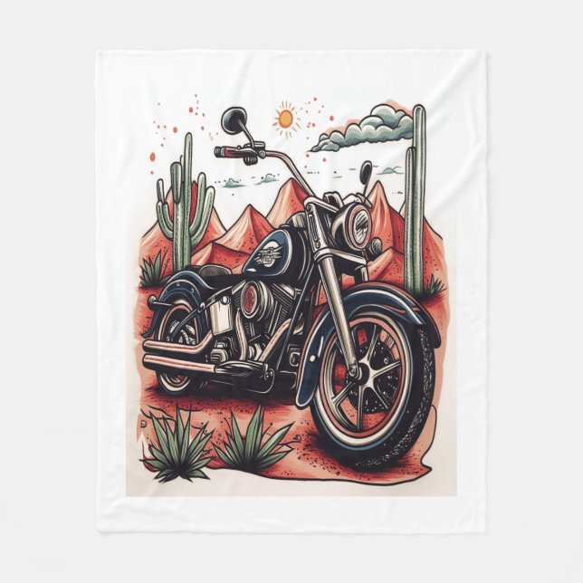 Motorcykel i Western uppsättning av Desert Cactus Fleecefilt (Framsidan)