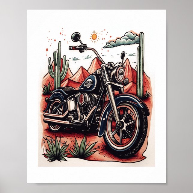 Motorcykel i Western uppsättning av Desert Cactus Poster (Framsidan)