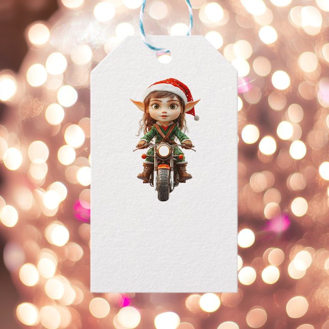 Motorcykel jul Elf White Gift Märkres Presentetikett (Skapare uppladdad)