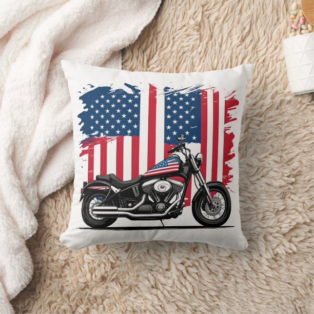 Motorcykel med amerikansk flagga som bakgrund kudde (Filt)