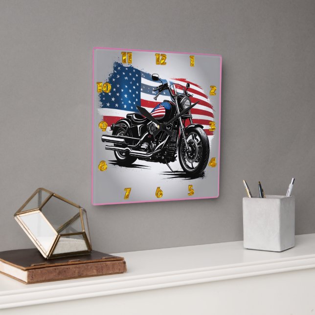 Motorcykel med baksida av amerikansk flagga fyrkantig klocka (Kontor)