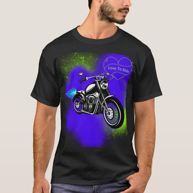 Motorcykel med blå färg och Grönt-rityta T-Shirt (Framsida)