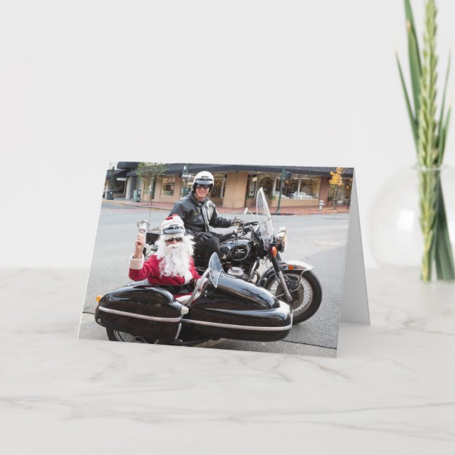 Motorcykel med jultomten i sidecar helgkort (Framsida)