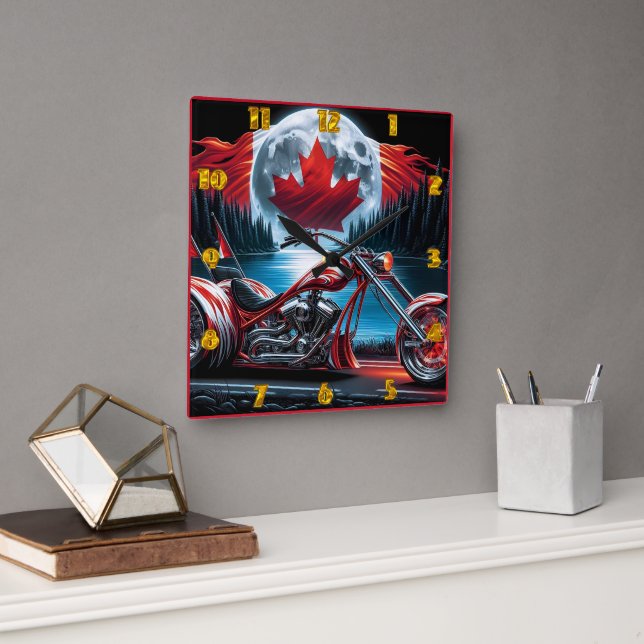 Motorcykel med kanadensisk flagga nattetid fyrkantig klocka (Kontor)