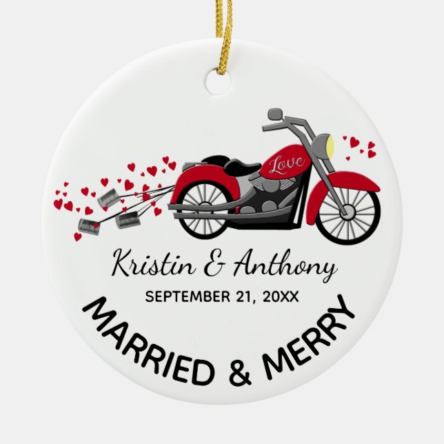 Motorcykel Newlyweds Bröllop med Photo Julgransprydnad Keramik (Framsidan)