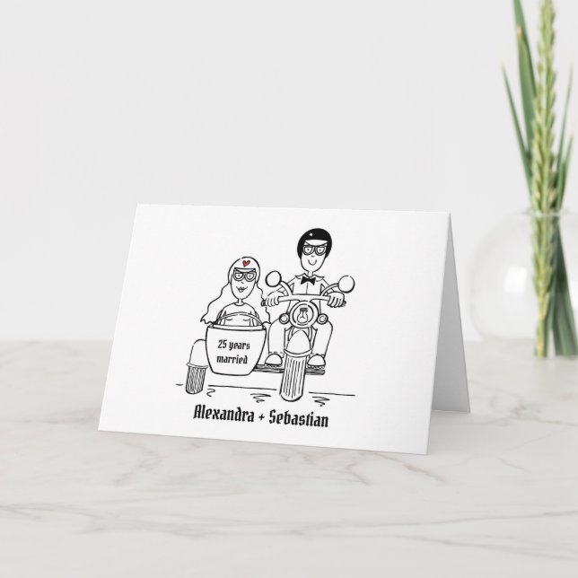 Motorcykel och sidovagn bröllopsjubileum kort (Framsida)