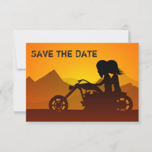 Motorcykel par, berg och solnedgång Bröllop Spara Datumet