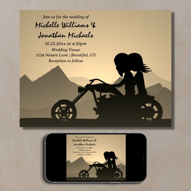 Motorcykel par Mountain Bröllop Inbjudningar (Printed and Digital Motorcycle Couple Mountain Wedding)