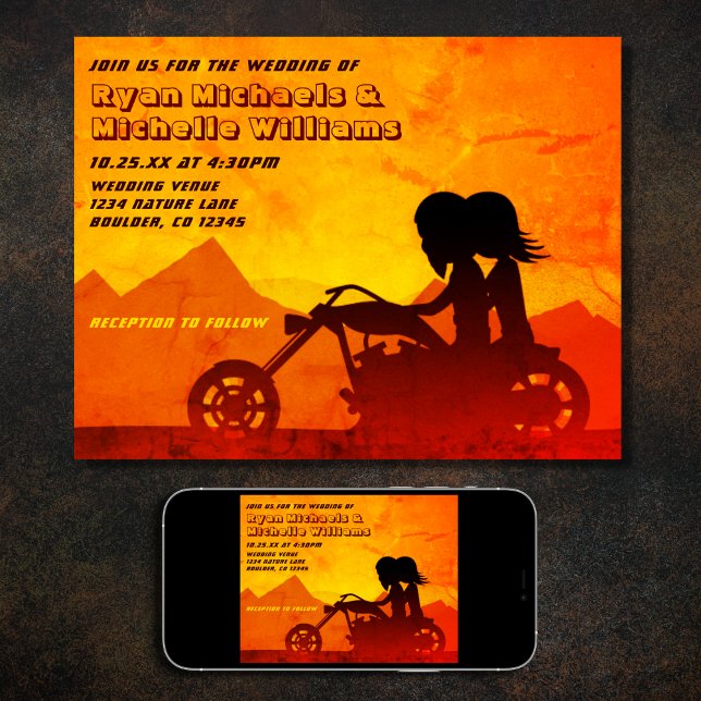 Motorcykel par Mountain Sunset Bröllop Inbjudningar (Printed and Digital Motorcycle Couple Mountain Sunset Wedding Invitation)
