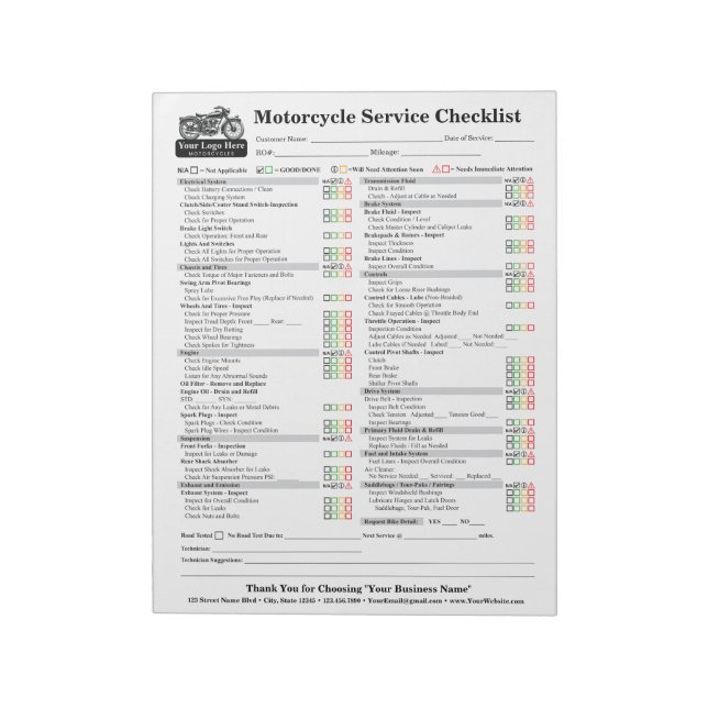 Motorcykel Servicechecklista 8,5x11 Anteckningsblock (Roterad)