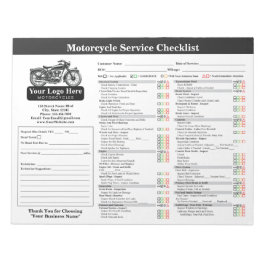Motorcykel Servicechecklista 8,5x11 Liggande Anteckningsblock