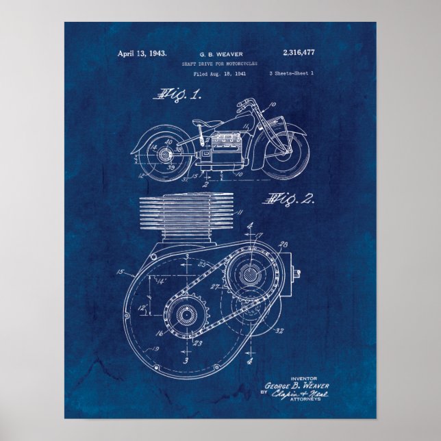 Motorcykel Shaft Drive 1943 Patent Blueprint Poster (Framsidan)