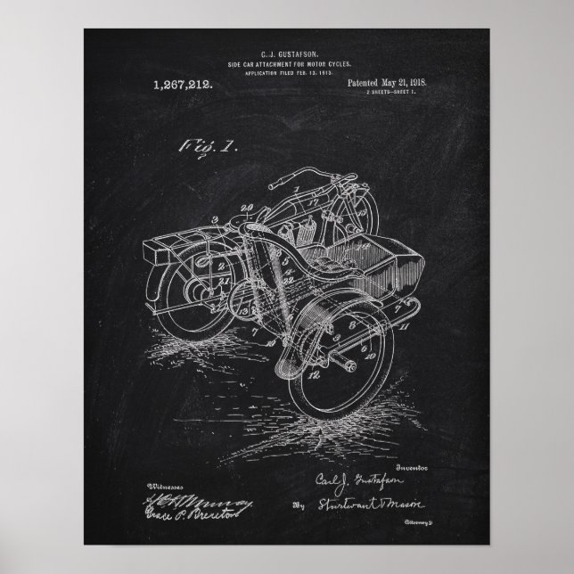 Motorcykel Side-Car 1885 Patent Chalkboard Poster (Framsidan)