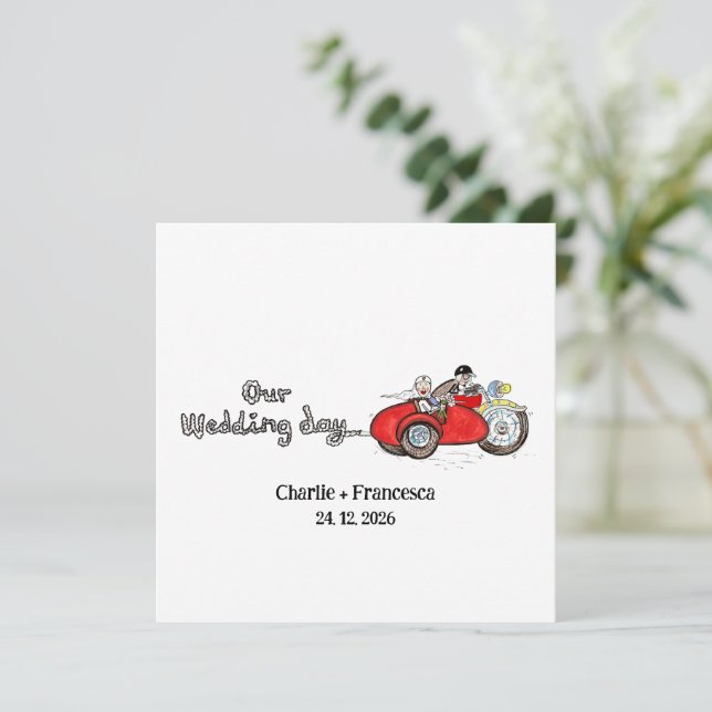 Motorcykel & sidovagn bröllop  inbjudningar (Stående Fram)