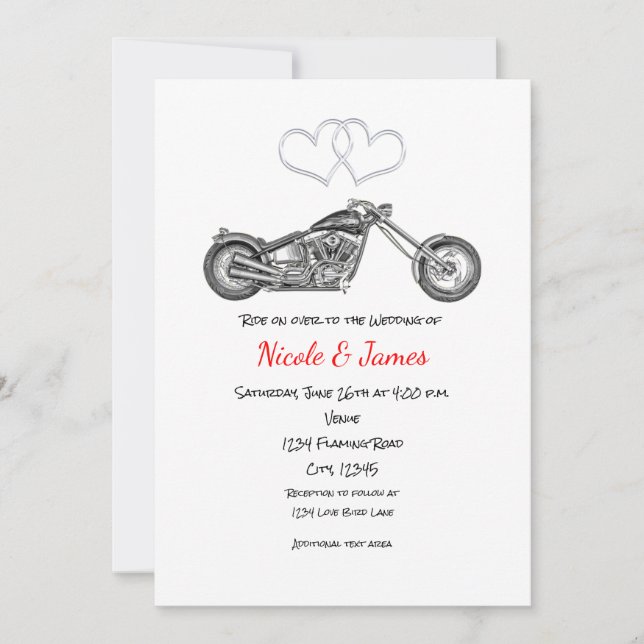 Motorcykel & Silver Hearts Biker Bröllop Inbjudningar (Framsida)