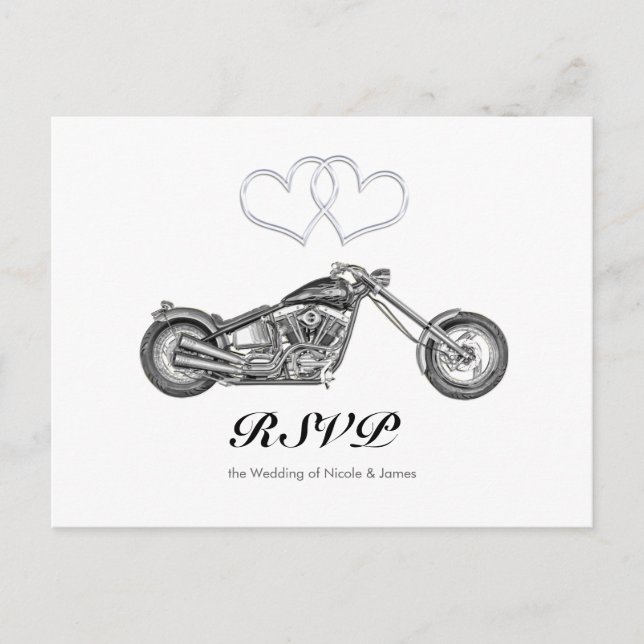 Motorcykel & Silver Hearts Biker Bröllop RSVP Inbjudan Vykort (Framsida)