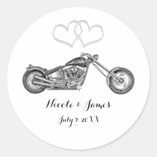 Motorcykel & Silver Hearts Biker Bröllopspresent Runt Klistermärke