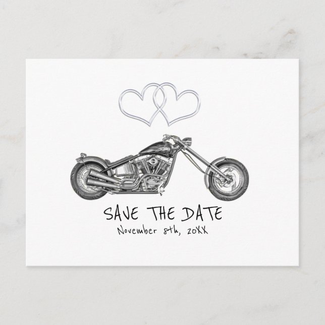 Motorcykel & Silver Hearts Biker Save The Date Meddelande Vykort (Framsida)