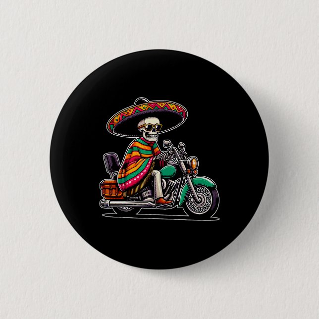 Motorcykel Skeleton Biker Mexican Sombrero Cinco D Knapp (Framsida)