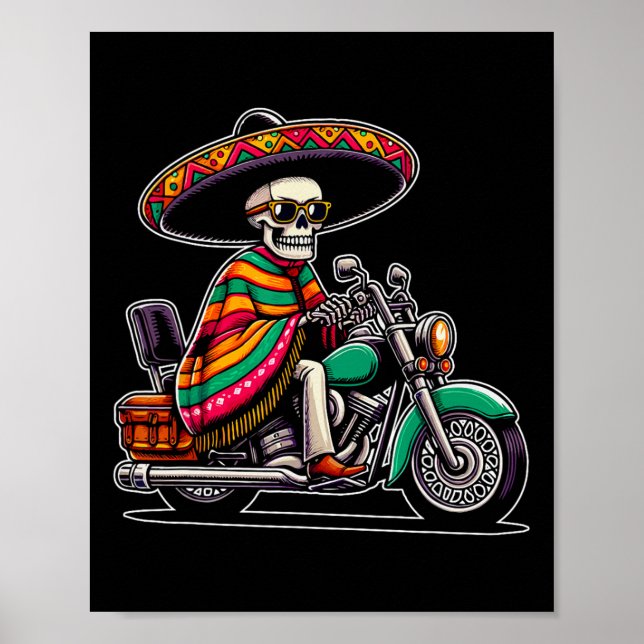Motorcykel Skeleton Biker Mexican Sombrero Cinco D Poster (Framsidan)