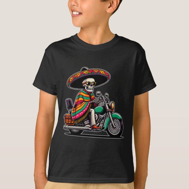 Motorcykel Skeleton Biker Mexican Sombrero Cinco D T Shirt (Framsida)