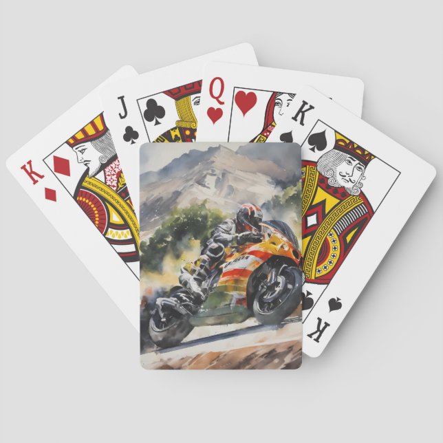 Motorcykel som kornerar upp en bergssida casinokort (Baksidan)