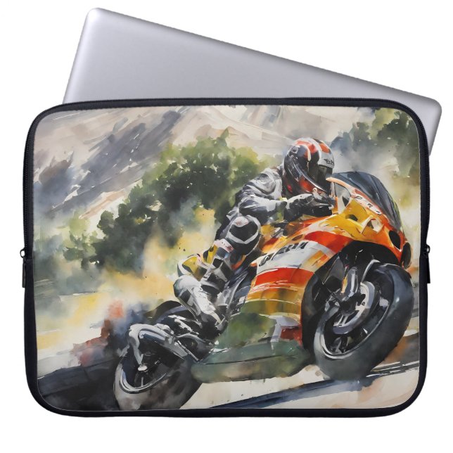 Motorcykel som kornerar upp en bergssida laptop fodral (Framsidan)