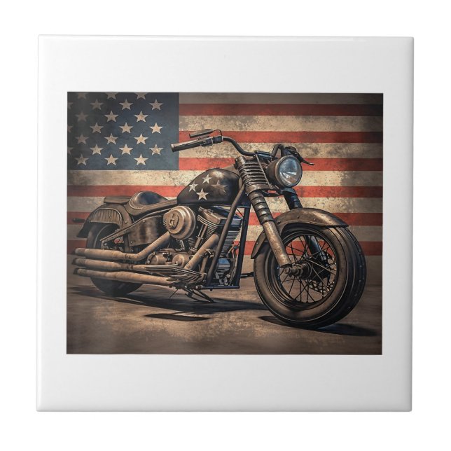 Motorcykel USA flagga Retro-Biker Kakelplatta (Framsidan)