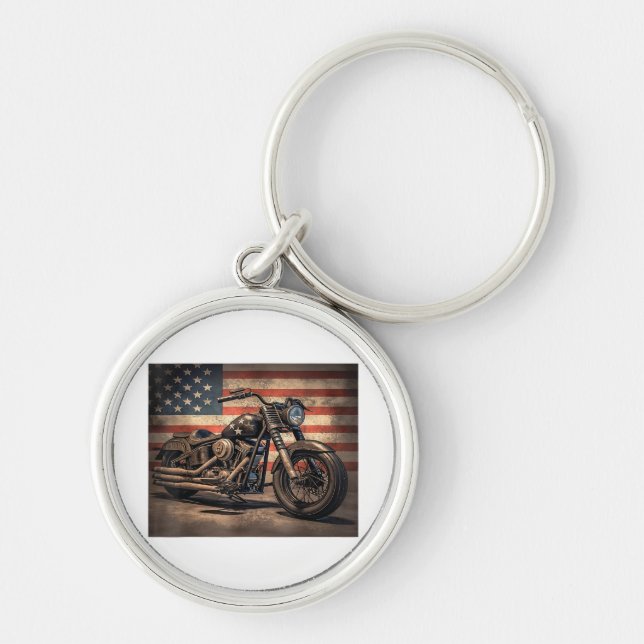 Motorcykel USA flagga Retro-Biker Rund Silverfärgad Nyckelring (Framsidan)