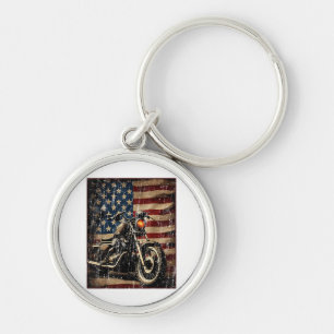 Motorcykel USA flagga Retro-Biker Rund Silverfärgad Nyckelring