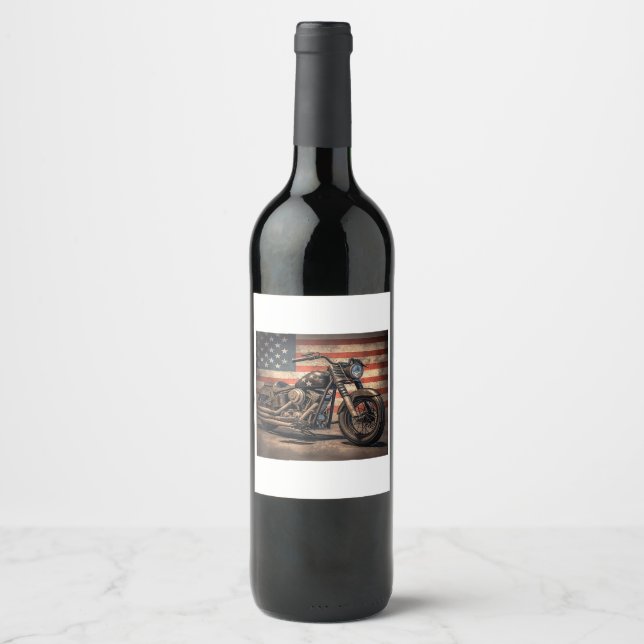 Motorcykel USA flagga Retro-Biker Vinflaska Etikett (Framsida)